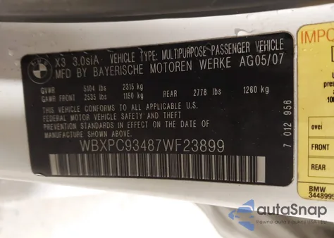 2007 BMW X3 3.0Si from USA, damaged, VIN WBXPC93487WF23899